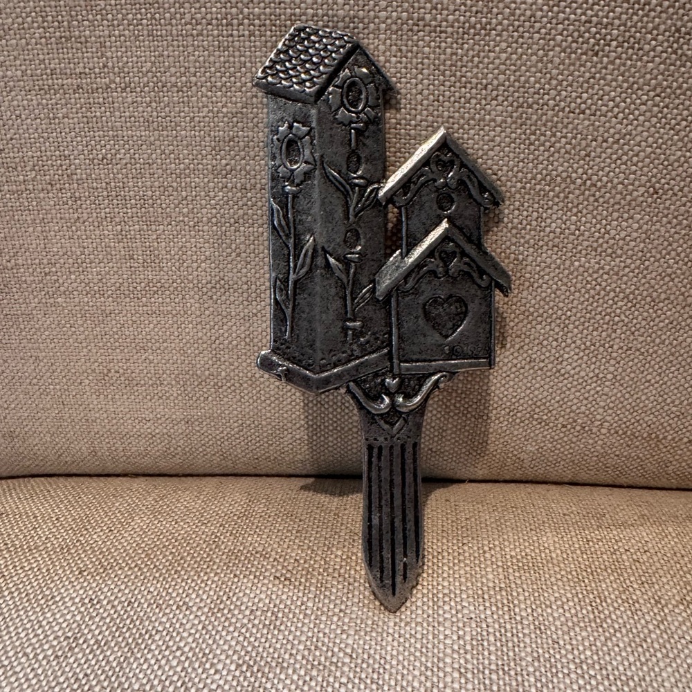Vintage Pewter Plant stake Rustic Silver Birdhouse on both sides